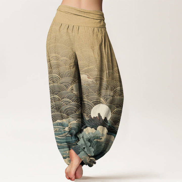 Buddha Stones Casual Wave Moon Mountain Pattern Women's Elastic Waist Harem Pants - image 9