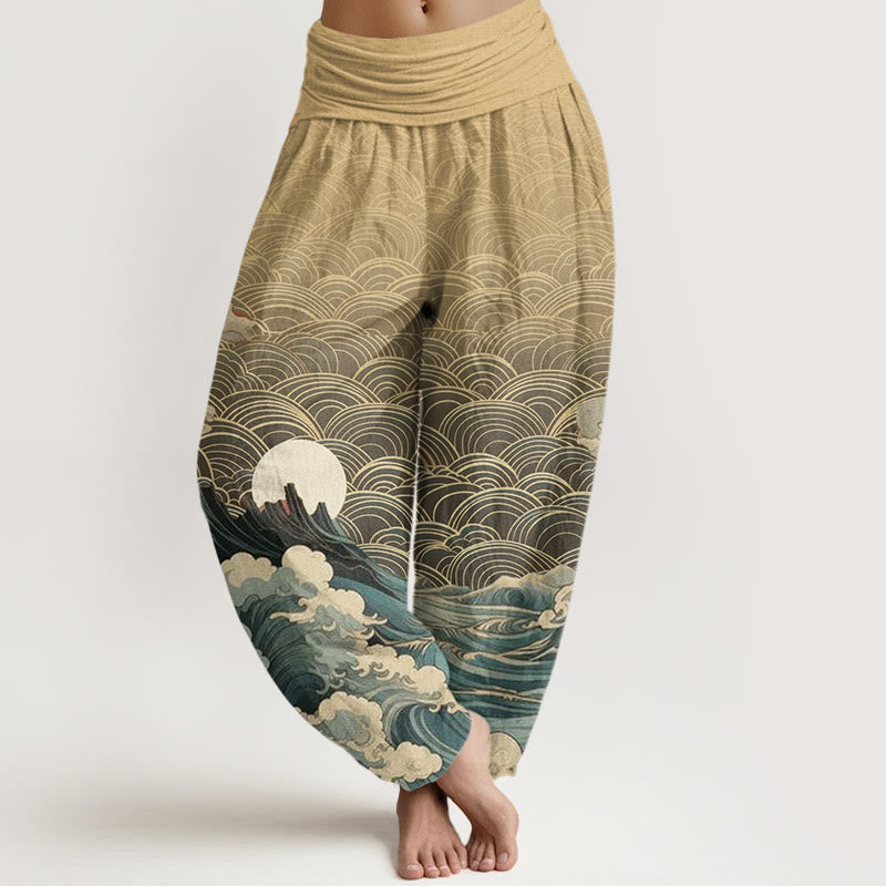 Buddha Stones Casual Wave Moon Mountain Pattern Women's Elastic Waist Harem Pants - Wheat - US22，UK/AU26，EU54 (6XL) - image 7