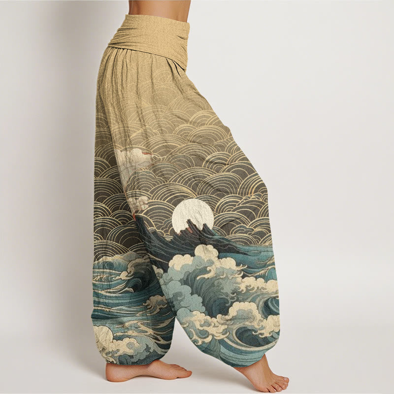 Buddha Stones Casual Wave Moon Mountain Pattern Women's Elastic Waist Harem Pants - image 8