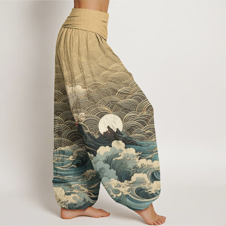 Buddha Stones Casual Wave Moon Mountain Pattern Women's Elastic Waist Harem Pants - image 8