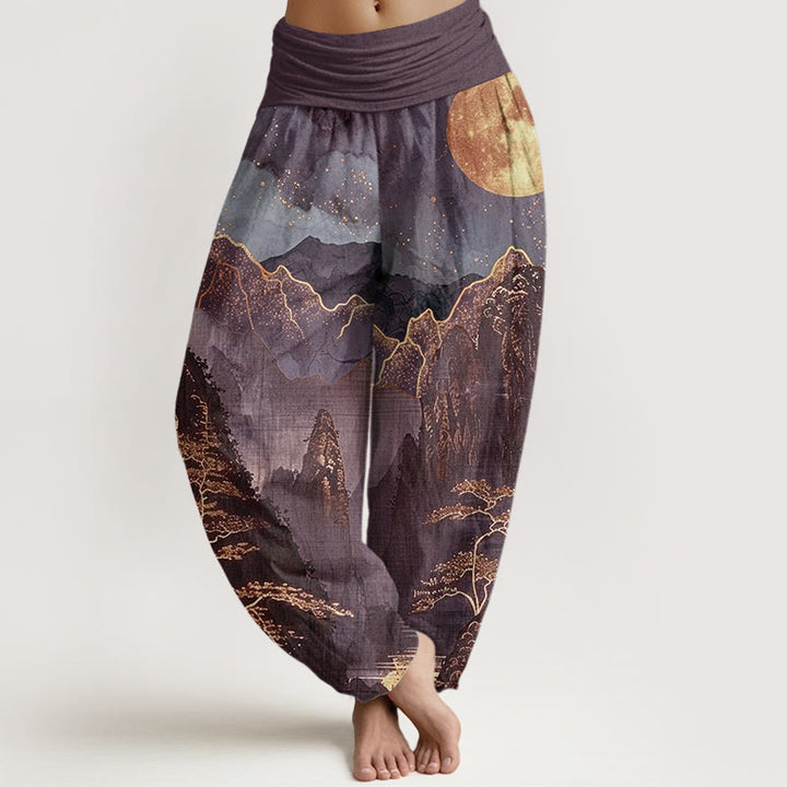Buddha Stones Casual Full Moon Mountains Trees River Pattern Women's Elastic Waist Harem Pants - DarkMagenta - US22，UK/AU26，EU54 (6XL) - image 4