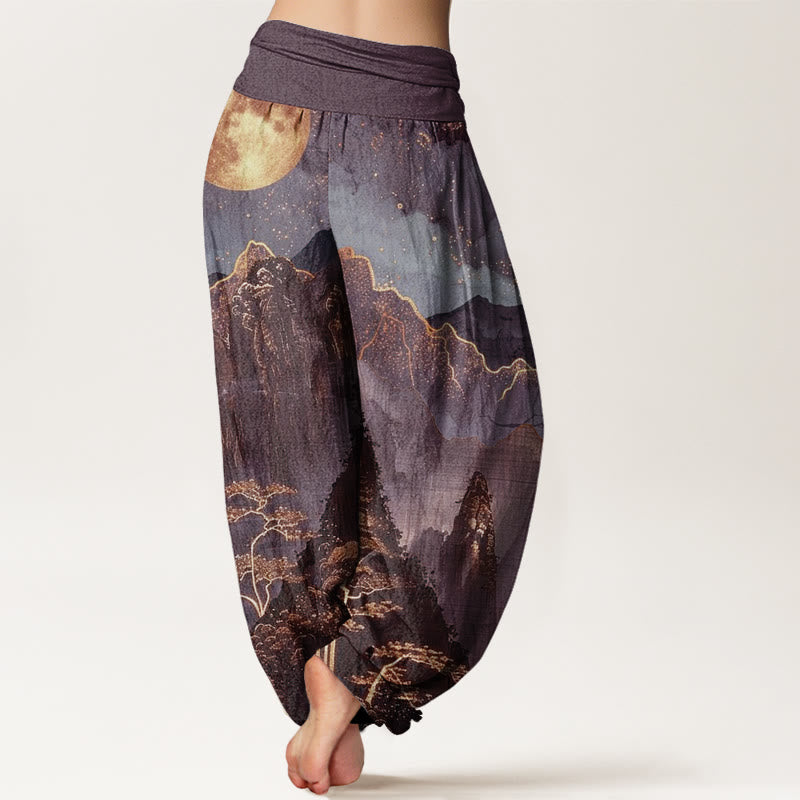 Buddha Stones Casual Full Moon Mountains Trees River Pattern Women's Elastic Waist Harem Pants - image 6