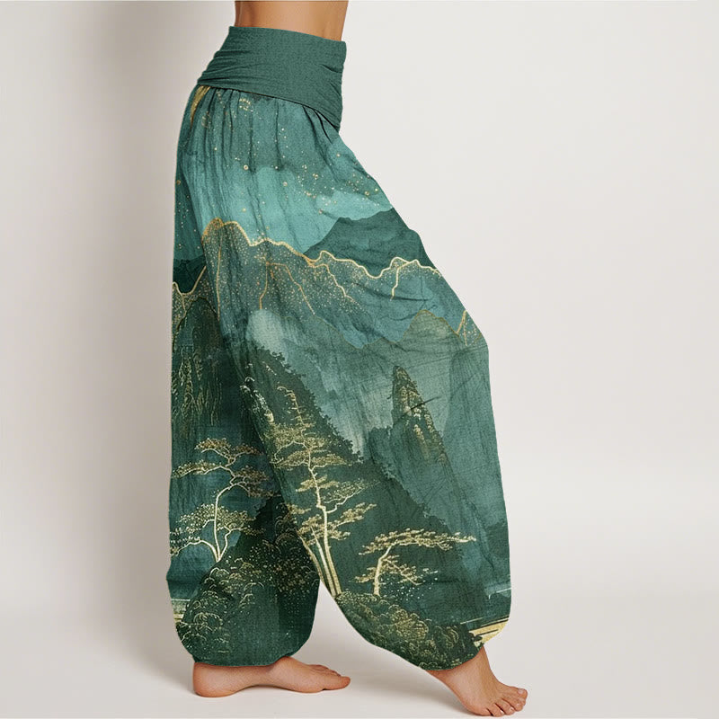 Buddha Stones Casual Full Moon Mountains Trees River Pattern Women's Elastic Waist Harem Pants - image 8