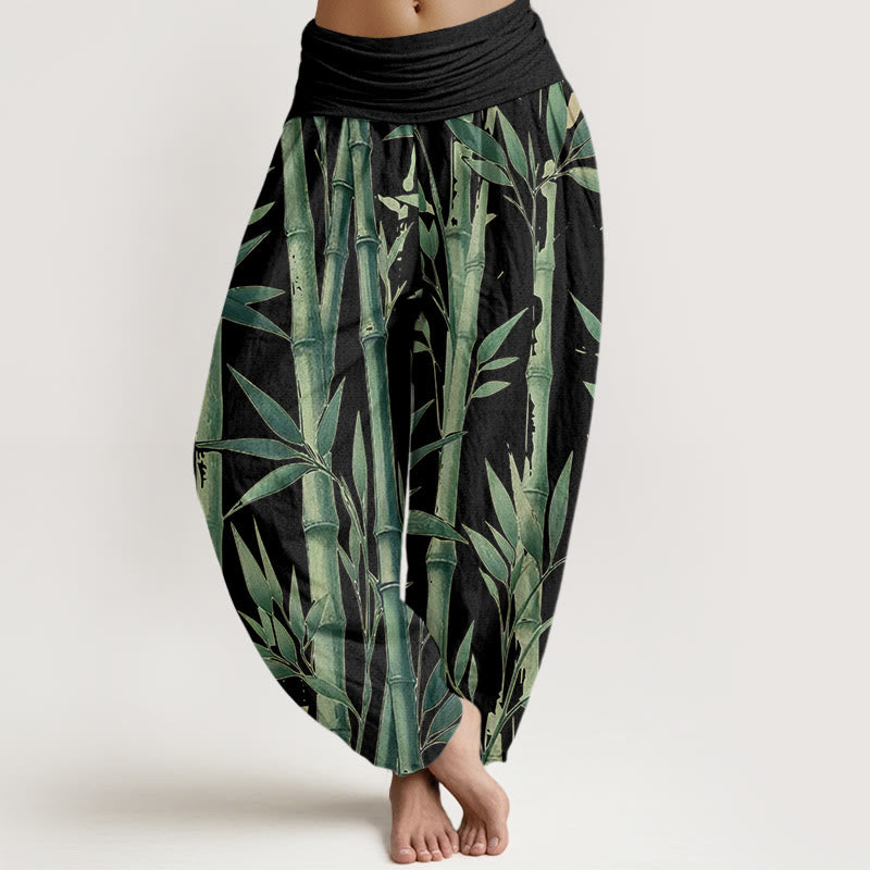 Buddha Stones Casual Bamboo Leaves Pattern Women's Elastic Waist Harem Pants - Black - US22，UK/AU26，EU54 (6XL) - image 7