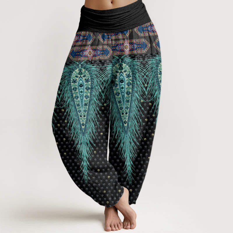 Buddha Stones Bohemian-inspired Feathers Design Women's Elastic Waist Harem Pants - Black - US22，UK/AU26，EU54 (6XL) - image 0