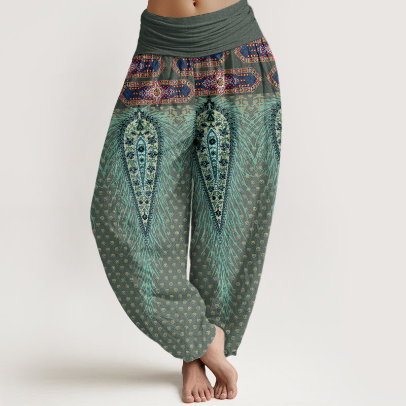 Buddha Stones Bohemian-inspired Feathers Design Women's Elastic Waist Harem Pants - DarkSeaGreen - US22，UK/AU26，EU54 (6XL) - image 4