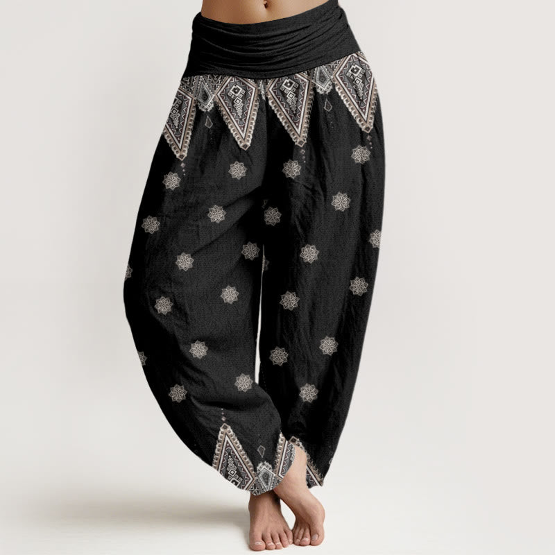 Buddha Stones Cotton Bohemian Geometric Floral Design Women's Elastic Waist Harem Pants - Black - US22，UK/AU26，EU54 (6XL) - image 0