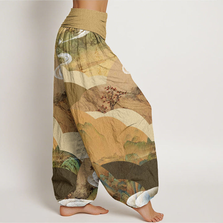 Buddha Stones Cotton Chinese Landscape Mountains Rivers Mist Design Women's Elastic Waist Harem Pants - image 6