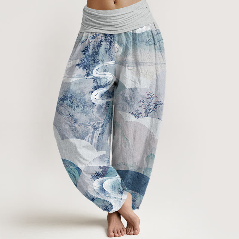 Buddha Stones Cotton Chinese Landscape Mountains Rivers Mist Design Women's Elastic Waist Harem Pants - Azure - US22，UK/AU26，EU54 (6XL) - image 7