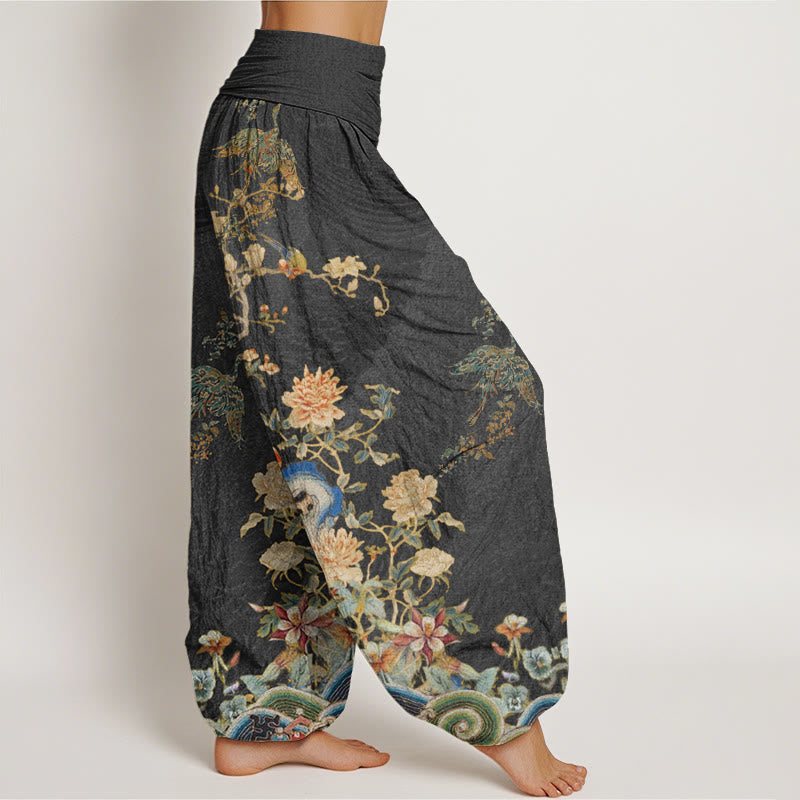 Buddha Stones Peacocks Yellow Flowers Design Women's Elastic Waist Harem Pants - image 2