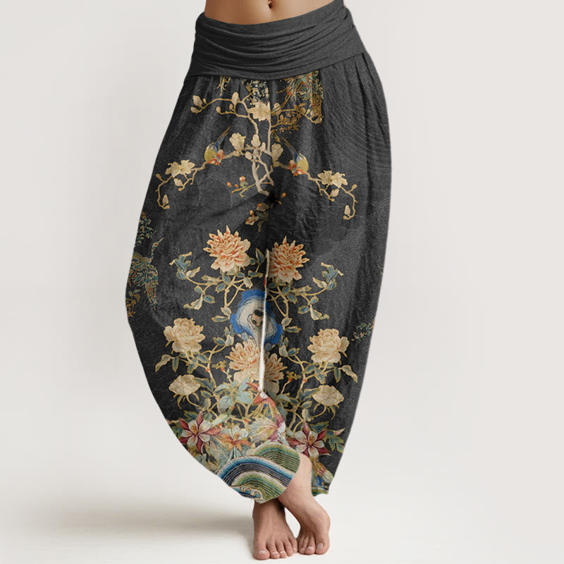 Buddha Stones Peacocks Yellow Flowers Design Women's Elastic Waist Harem Pants - Black - US22，UK/AU26，EU54 (6XL) - image 0