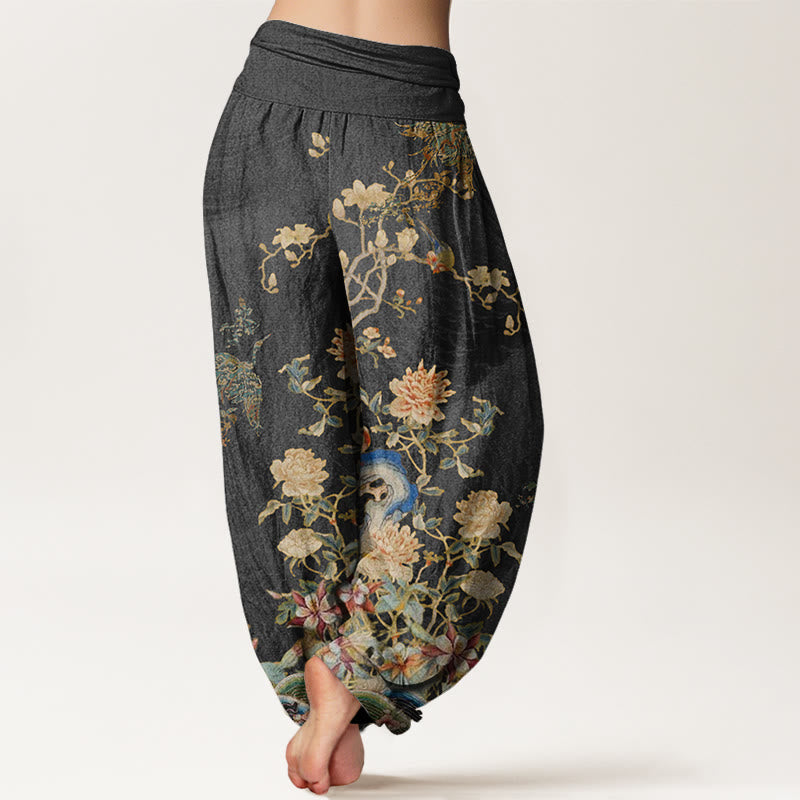 Buddha Stones Peacocks Yellow Flowers Design Women's Elastic Waist Harem Pants - image 1