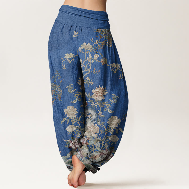 Buddha Stones Peacocks Yellow Flowers Design Women's Elastic Waist Harem Pants - image 5