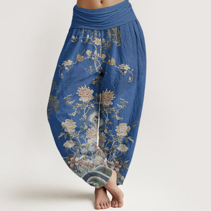 Buddha Stones Peacocks Yellow Flowers Design Women's Elastic Waist Harem Pants - RoyalBlue - US22，UK/AU26，EU54 (6XL) - image 4