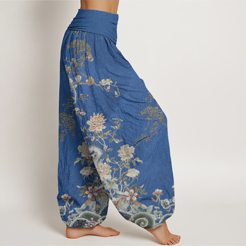 Buddha Stones Peacocks Yellow Flowers Design Women's Elastic Waist Harem Pants - image 6