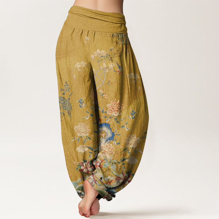 Buddha Stones Peacocks Yellow Flowers Design Women's Elastic Waist Harem Pants - image 8
