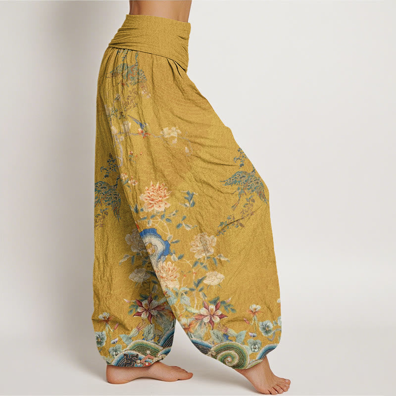 Buddha Stones Peacocks Yellow Flowers Design Women's Elastic Waist Harem Pants - image 9