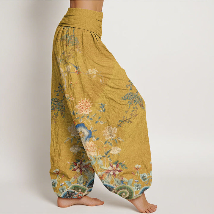 Buddha Stones Peacocks Yellow Flowers Design Women's Elastic Waist Harem Pants - image 9