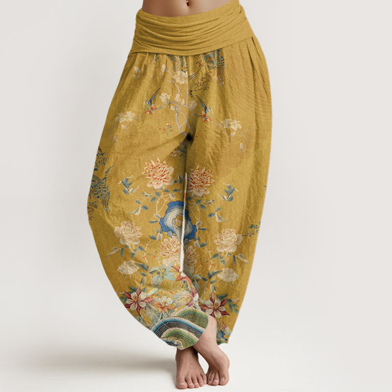 Buddha Stones Peacocks Yellow Flowers Design Women's Elastic Waist Harem Pants - Khaki - US22，UK/AU26，EU54 (6XL) - image 7
