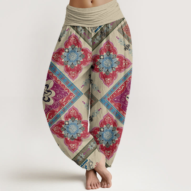 Buddha Stones Diamond-shaped Geometric Floral Design Women's Elastic Waist Harem Pants - Beige - US22，UK/AU26，EU54 (6XL) - image 0