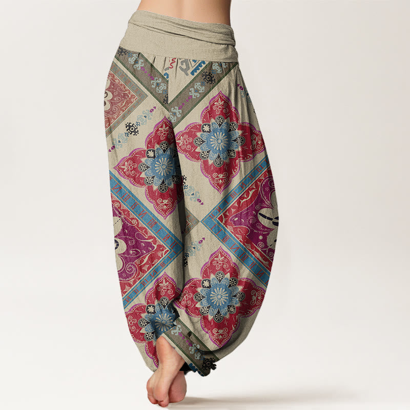 Buddha Stones Diamond-shaped Geometric Floral Design Women's Elastic Waist Harem Pants - image 1