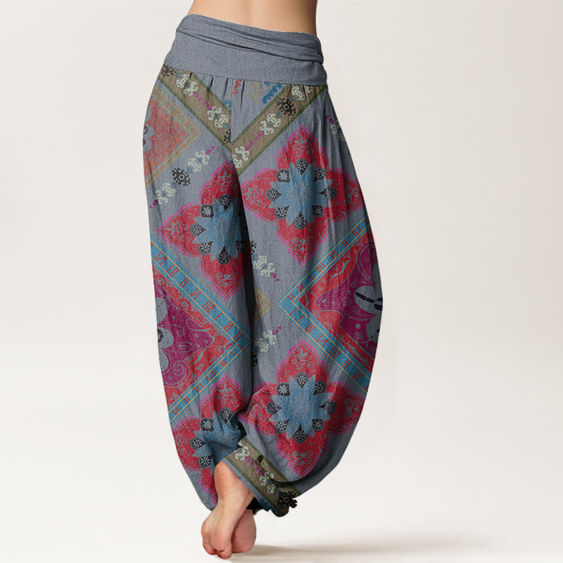 Buddha Stones Diamond-shaped Geometric Floral Design Women's Elastic Waist Harem Pants - image 5