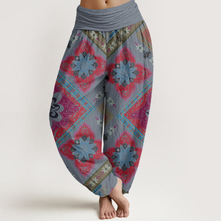 Buddha Stones Diamond-shaped Geometric Floral Design Women's Elastic Waist Harem Pants - LightBlue - US22，UK/AU26，EU54 (6XL) - image 4