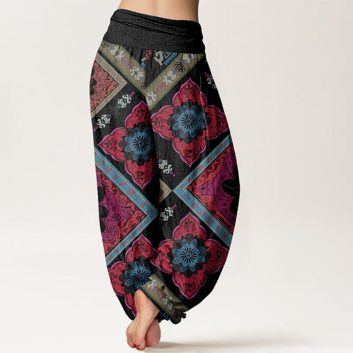 Buddha Stones Diamond-shaped Geometric Floral Design Women's Elastic Waist Harem Pants - image 8