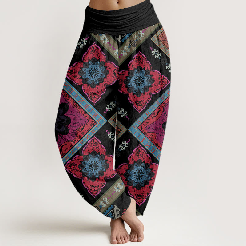 Buddha Stones Diamond-shaped Geometric Floral Design Women's Elastic Waist Harem Pants - Black - US22，UK/AU26，EU54 (6XL) - image 7