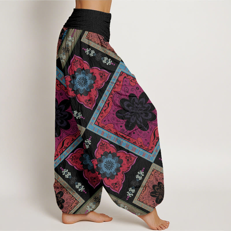 Buddha Stones Diamond-shaped Geometric Floral Design Women's Elastic Waist Harem Pants - image 9