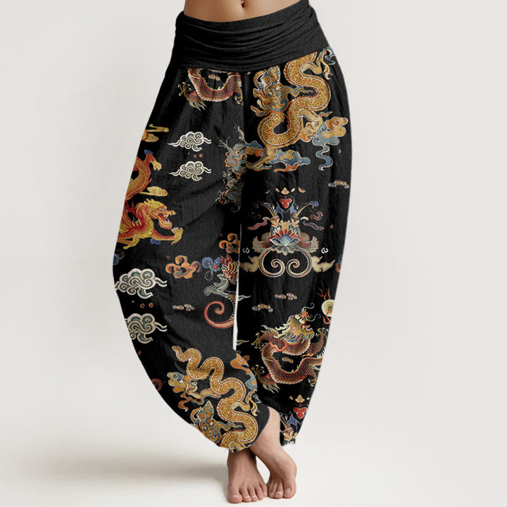 Buddha Stones Cotton Golden Dragons Auspicious Clouds Design Women's Elastic Waist Harem Pants - Black - US22，UK/AU26，EU54 (6XL) - image 0