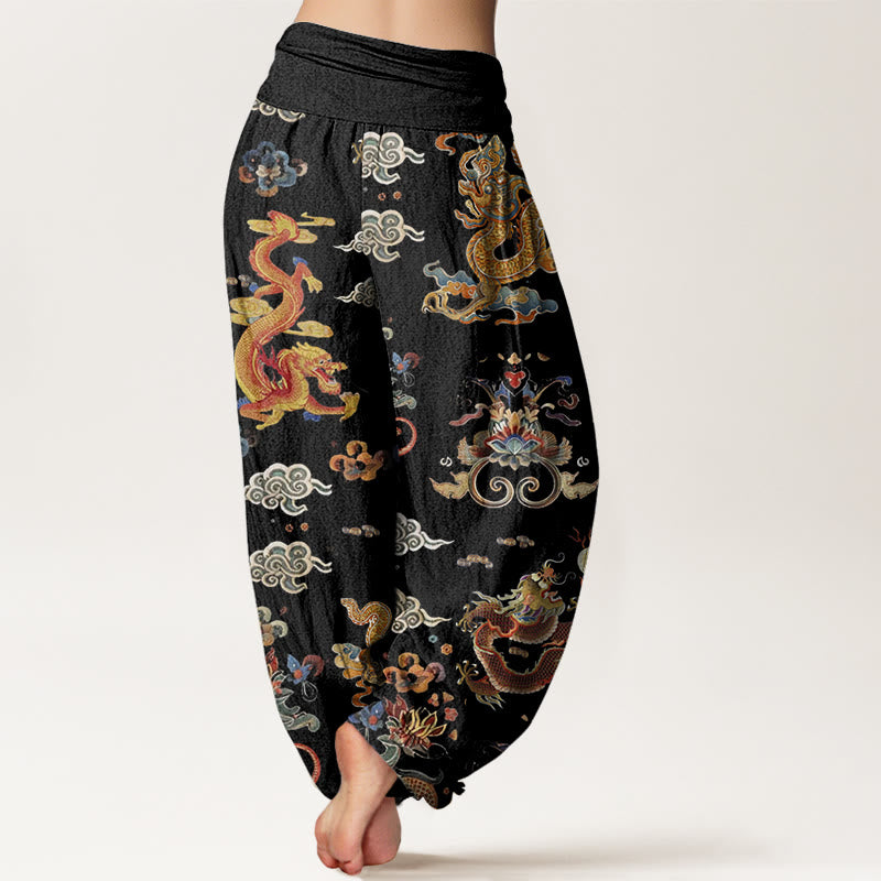 Buddha Stones Golden Dragons Auspicious Clouds Design Women's Elastic Waist Harem Pants - image 2