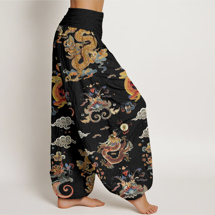Buddha Stones Cotton Golden Dragons Auspicious Clouds Design Women's Elastic Waist Harem Pants - image 1