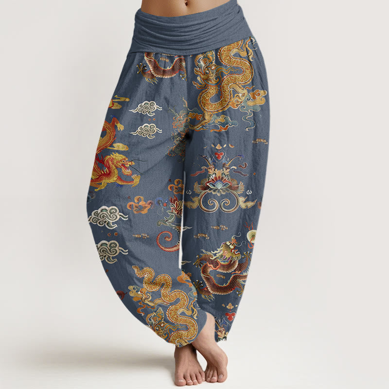 Buddha Stones Cotton Golden Dragons Auspicious Clouds Design Women's Elastic Waist Harem Pants - SteelBlue - US22，UK/AU26，EU54 (6XL) - image 4