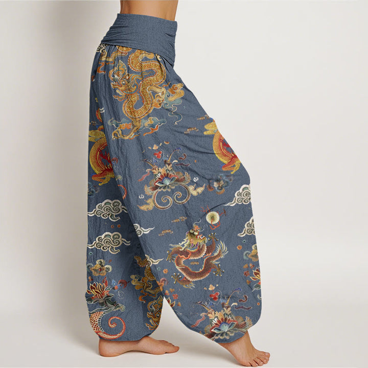 Buddha Stones Golden Dragons Auspicious Clouds Design Women's Elastic Waist Harem Pants - image 6