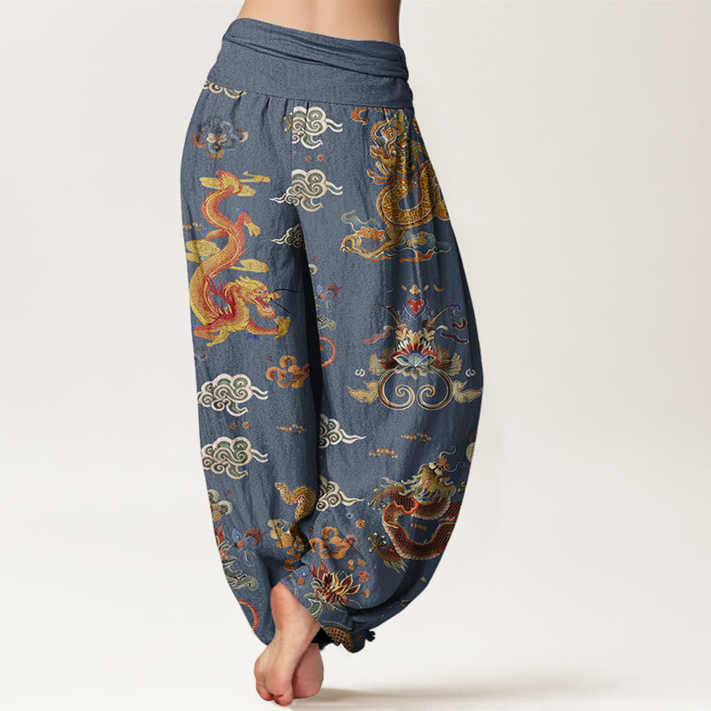 Buddha Stones Golden Dragons Auspicious Clouds Design Women's Elastic Waist Harem Pants - image 5