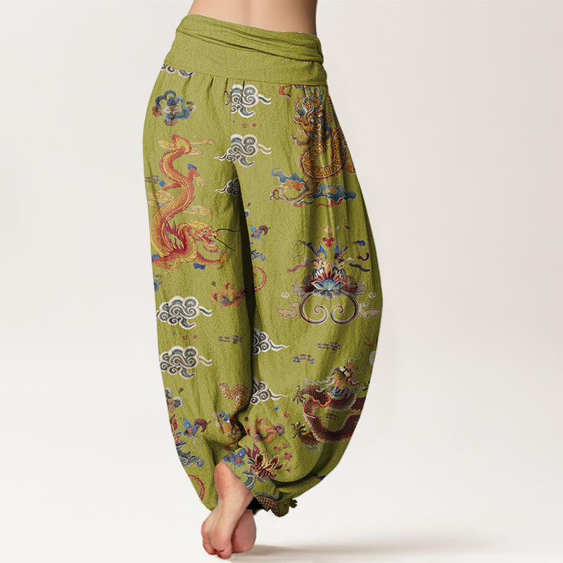 Buddha Stones Golden Dragons Auspicious Clouds Design Women's Elastic Waist Harem Pants - image 8