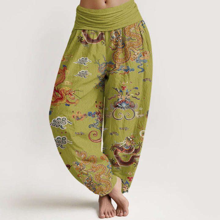 Buddha Stones Golden Dragons Auspicious Clouds Design Women's Elastic Waist Harem Pants - YellowGreen - US22，UK/AU26，EU54 (6XL) - image 7