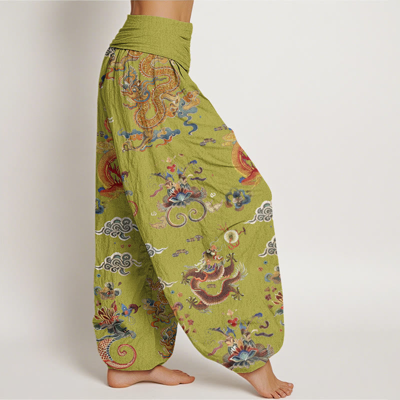 Buddha Stones Cotton Golden Dragons Auspicious Clouds Design Women's Elastic Waist Harem Pants - image 9