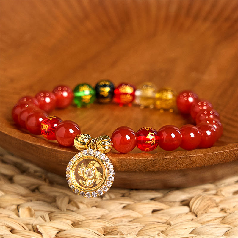 Buddha Stones Red Agate Om Mani Padme Hum Five Directions Gods of Wealth Zircon Cyclone Charm Self-acceptance Bracelet - Red Agate(Wrist Circumference: 15-17cm) - image 0