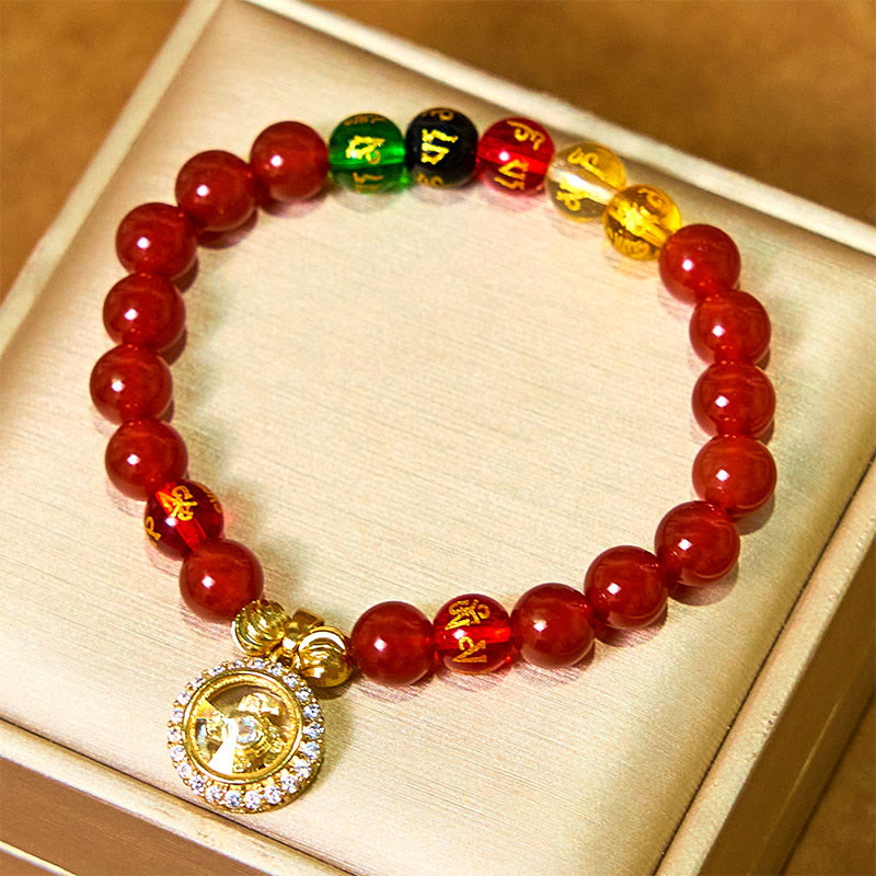 Buddha Stones Red Agate Om Mani Padme Hum Five Directions Gods of Wealth Zircon Cyclone Charm Self-acceptance Bracelet - image 1
