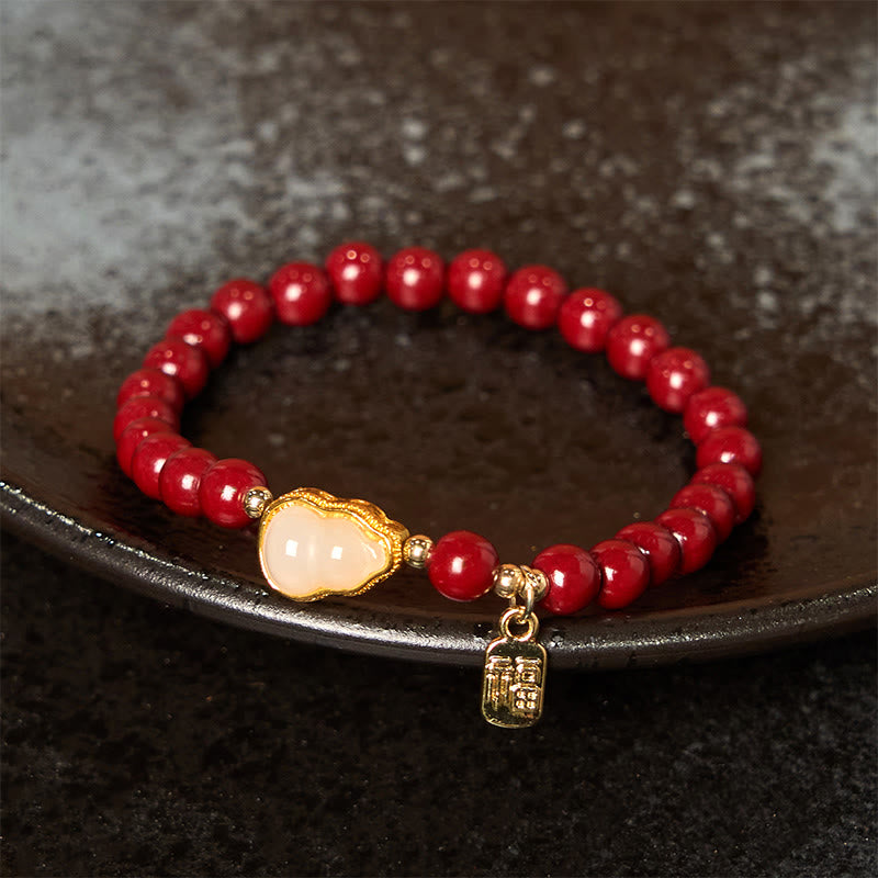 Buddha Stones Cinnabar Gourd Fu Character Charm Blessing Bracelet - image 2