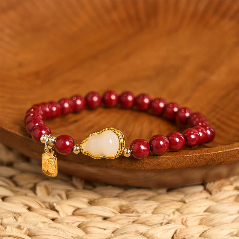 Buddha Stones Cinnabar Gourd Fu Character Charm Blessing Bracelet - image 1