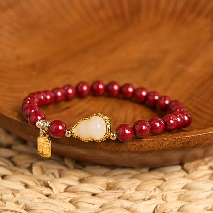 Buddha Stones Cinnabar Gourd Fu Character Charm Blessing Bracelet - image 1