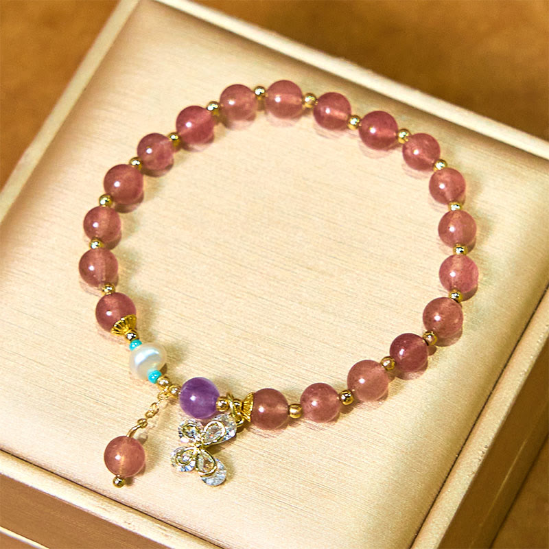 Buddha Stones Natural Strawberry Quartz Green Strawberry Quartz Butterfly Charm Love Bracelet - image 2