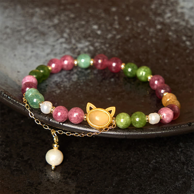 Buddha Stones Colorful Tourmaline Lucky Cat Positive Bracelet - Tourmaline Lucky Cat(Wrist Circumference: 14-16cm) - image 0