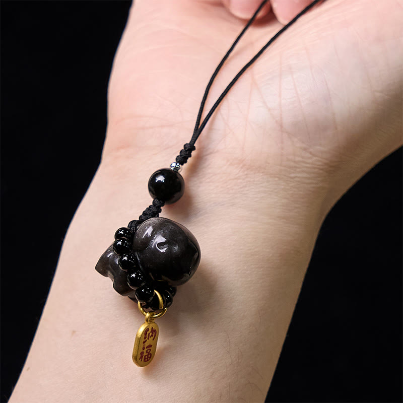 Buddha Stone Silver Sheen Obsidian Puppy Dog Fu Character Protection Necklace Phone Hanging Decoration - image 3