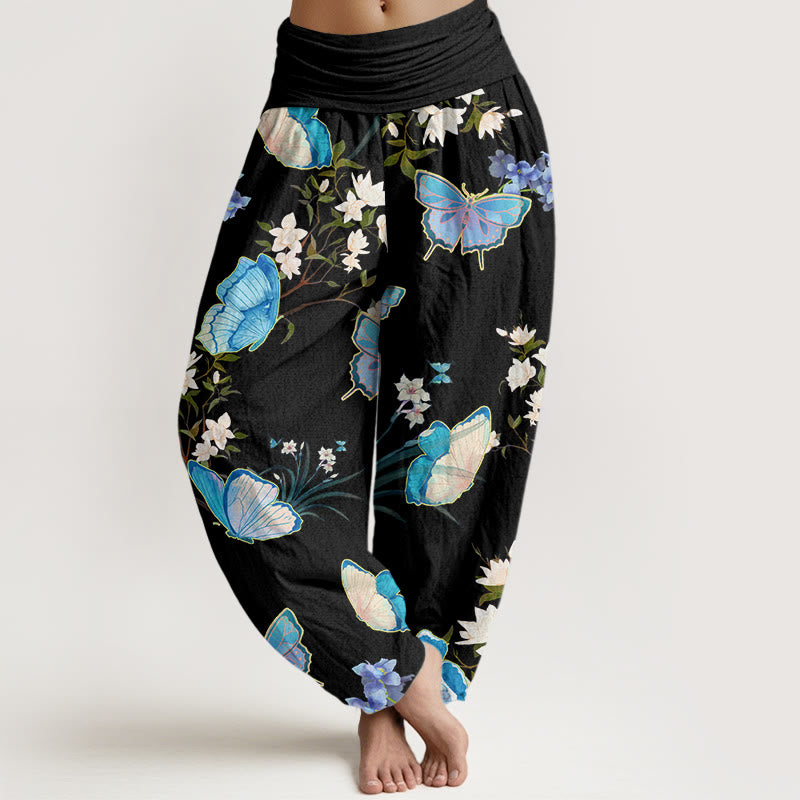 Buddha Stones Casual Butterfly And Flower Pattern Women's Elastic Waist Harem Pants - Black - US22，UK/AU26，EU54 (6XL) - image 0