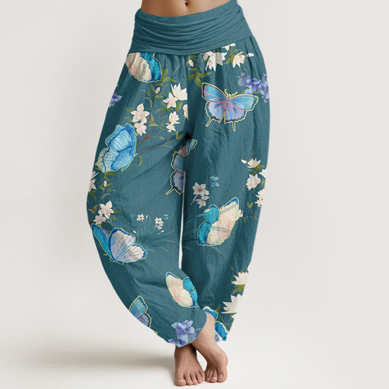 Buddha Stones Casual Butterfly And Flower Pattern Women's Elastic Waist Harem Pants - DarkCyan - US22，UK/AU26，EU54 (6XL) - image 4