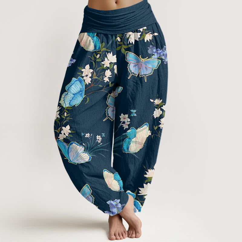 Buddha Stones Casual Butterfly And Flower Pattern Women's Elastic Waist Harem Pants - MidnightBlue - US22，UK/AU26，EU54 (6XL) - image 7